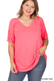 Lace Sleeve V-Neck - Neon Coral Pink